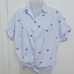 NWT Madewell Blue and White Striped With Peace Sign Detail Blouse w Front Knot